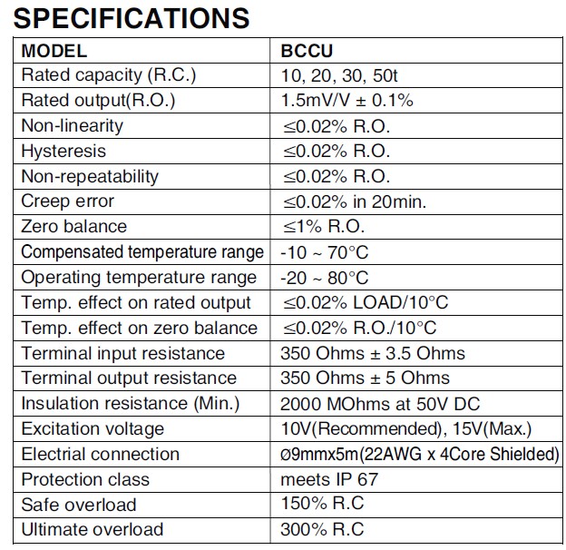 韓國Bongshin稱重傳感器技術參數